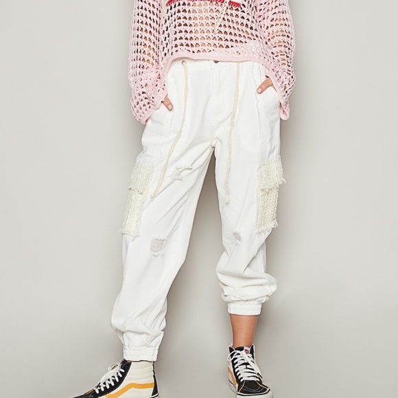 POL Pants - New POL Clothing Denim Lace Joggers Women's Distressed Relaxed WhiteTwill Pants